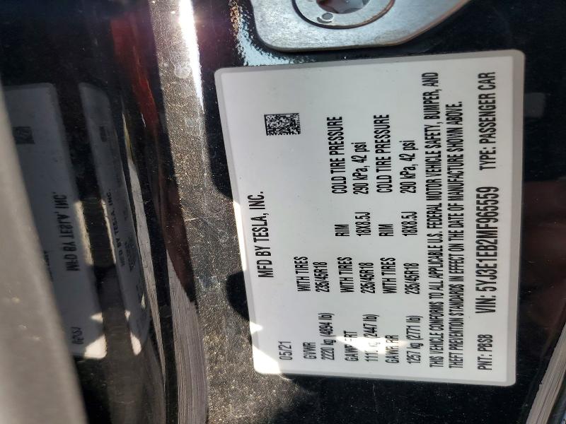 59098706 :رقم المزاد ، 5YJ3E1EB2MF965559 vin ، 2021 Tesla Model 3 مزاد بيع