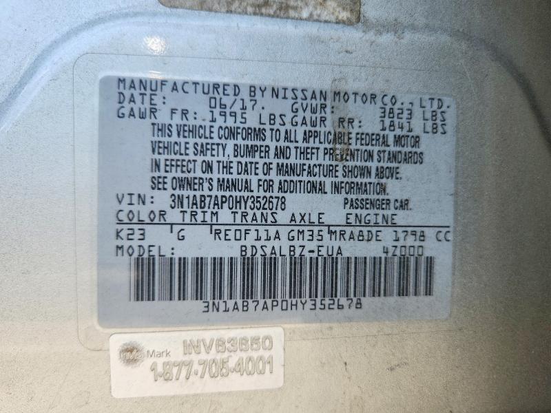 2017 Nissan Sentra მანქანა იყიდება აუქციონზე, vin: 3N1AB7AP0HY352678, აუქციონის ნომერი: 58260306