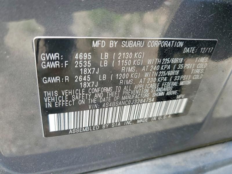 2018 Subaru Outback მანქანა იყიდება აუქციონზე, vin: 4S4BSANC0J3284754, აუქციონის ნომერი: 56729816