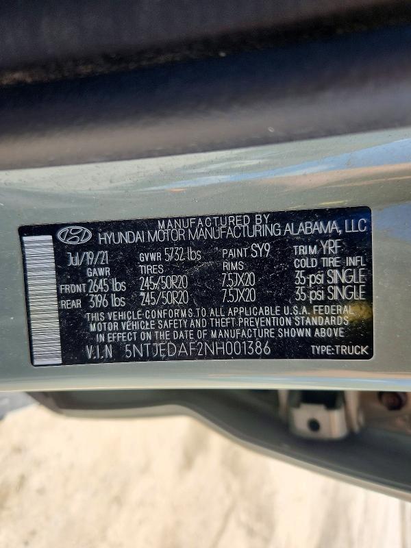 Aukcja sprzedaży 2022 Hyundai Santa Cruz, vin: 5NTJEDAF2NH001386, numer aukcji: 57890366
