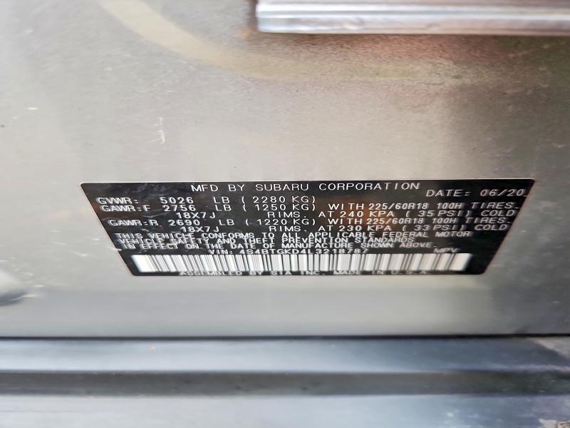 Aukcja sprzedaży 2020 Subaru Outback, vin: 4S4BTGKD4L3218787, numer aukcji: 58489176