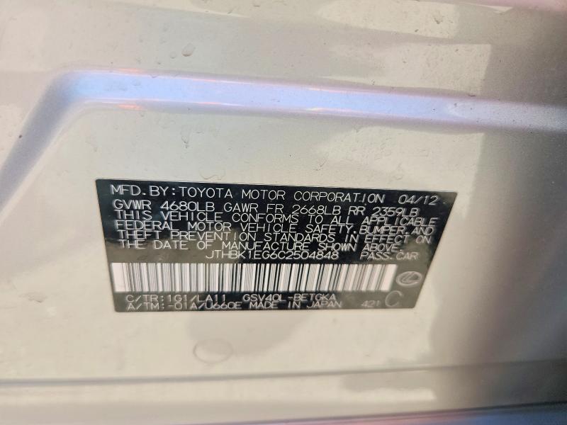 55895856 :رقم المزاد ، JTHBK1EG6C2504848 vin ، 2012 Lexus Es مزاد بيع
