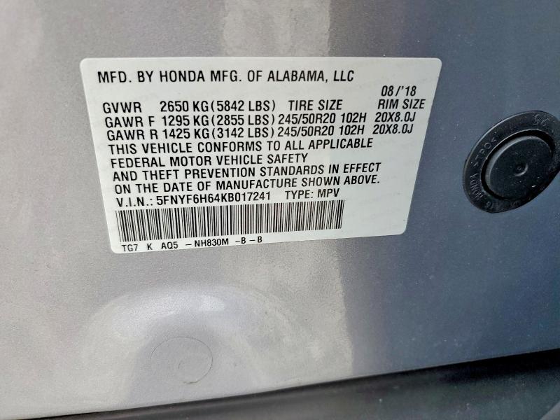 Aukcja sprzedaży 2019 Honda Pilot, vin: 5FNYF6H64KB017241, numer aukcji: 57477586