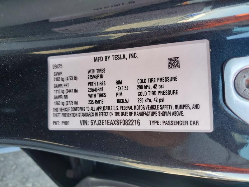 55169366 :رقم المزاد ، 5YJ3E1EAXSF082216 vin ، 2025 Tesla Model 3 مزاد بيع