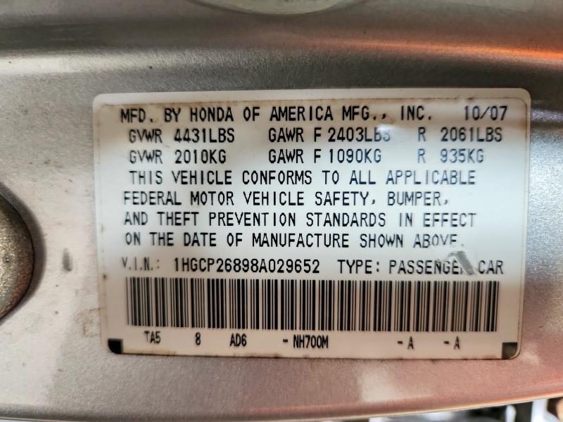 Aukcja sprzedaży 2008 Honda Accord, vin: 1HGCP26898A029652, numer aukcji: 58872926