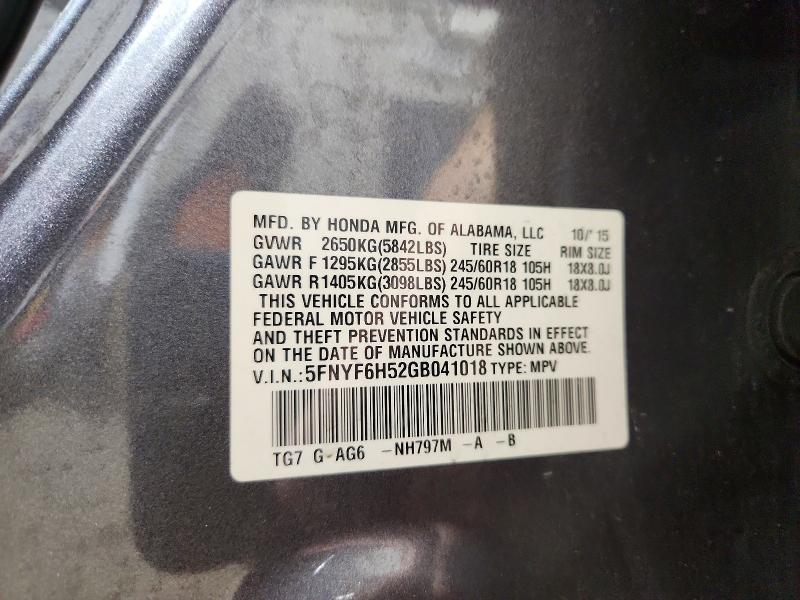 Продаж на аукціоні авто 2016 Honda Pilot, vin: 5FNYF6H52GB041018, номер лоту: 58712396