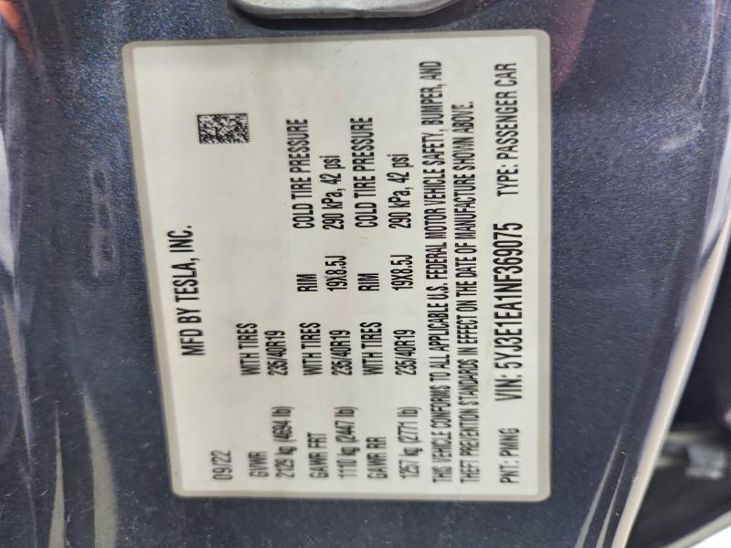 Aukcja sprzedaży 2022 Tesla Model 3, vin: 5YJ3E1EA1NF369075, numer aukcji: 85627325