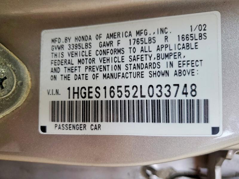 Aukcja sprzedaży 2002 Honda Civic Lx, vin: 1HGES16552L033748, numer aukcji: 56355766