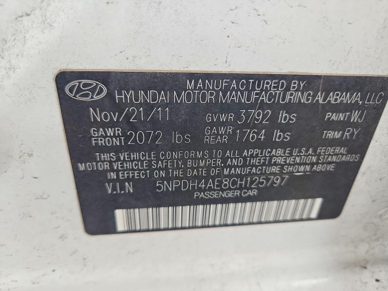 54642726 :رقم المزاد ، 5NPDH4AE8CH125797 vin ، 2012 Hyundai Elantra مزاد بيع