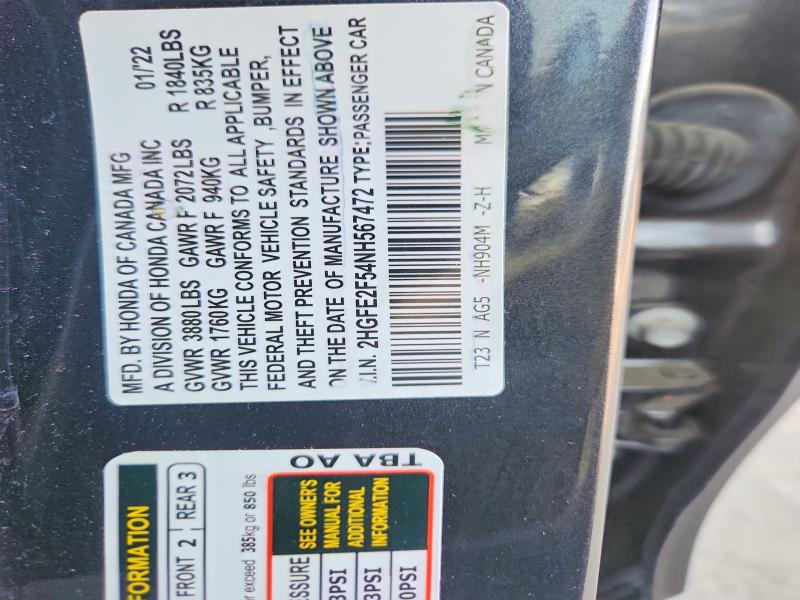 Продаж на аукціоні авто 2022 Honda Civic, vin: 2HGFE2F54NH567472, номер лоту: 57595616