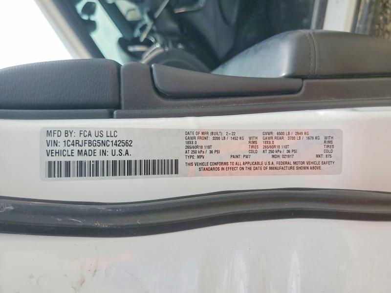 56288246 :رقم المزاد ، 1C4RJFBG5NC142562 vin ، 2022 Jeep Grand Cherokee مزاد بيع