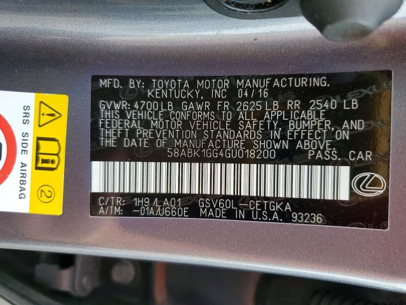 2016 Lexus Es მანქანა იყიდება აუქციონზე, vin: 58ABK1GG4GU018200, აუქციონის ნომერი: 56120696
