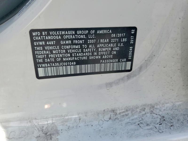 Продаж на аукціоні авто 2018 Volkswagen Passat, vin: 1VWBA7A35JC001049, номер лоту: 56481416