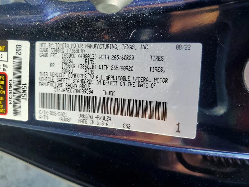 Продажа на аукционе авто 2022 Toyota Tundra, vin: 5TFJA5EC7NX009584, номер лота: 57162036