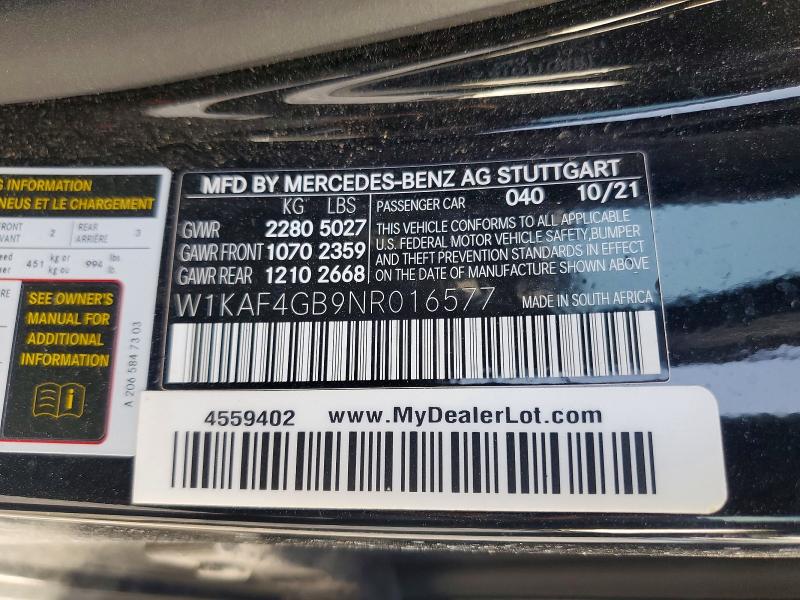 2022 Mercedes-benz C მანქანა იყიდება აუქციონზე, vin: W1KAF4GB9NR016577, აუქციონის ნომერი: 58149496