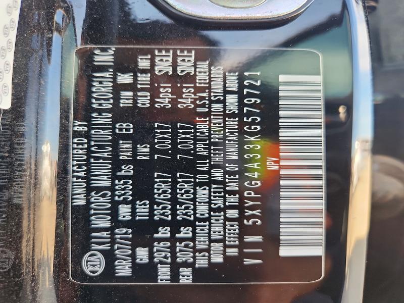 Auction sale of the 2019 Kia Sorento, vin: 5XYPG4A33KG579721, lot number: 58949456