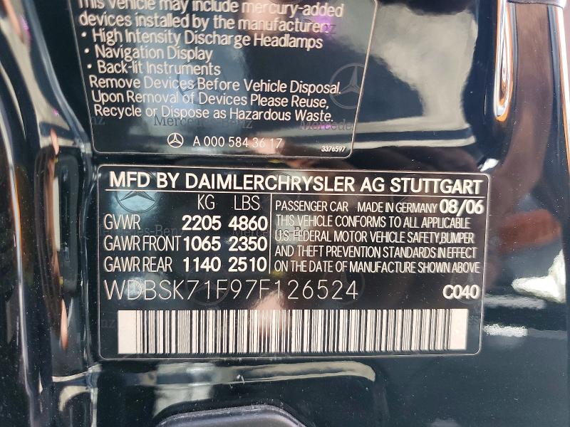 56460086 :رقم المزاد ، WDBSK71F97F126524 vin ، 2007 Mercedes-benz Sl مزاد بيع