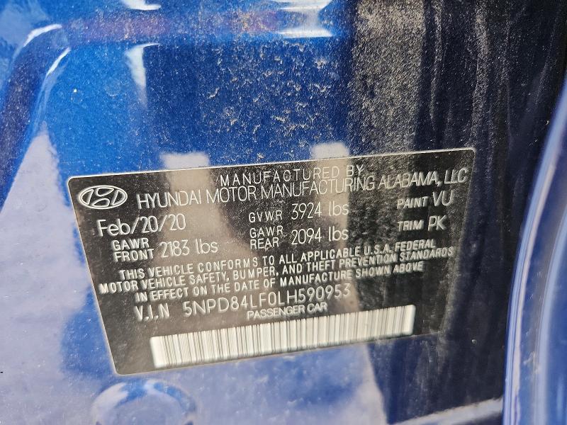 57683966 :رقم المزاد ، 5NPD84LF0LH590953 vin ، 2020 Hyundai Elantra مزاد بيع
