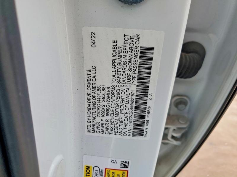 Aukcja sprzedaży 2022 Honda Accord, vin: 1HGCV3F29NA021571, numer aukcji: 57892086