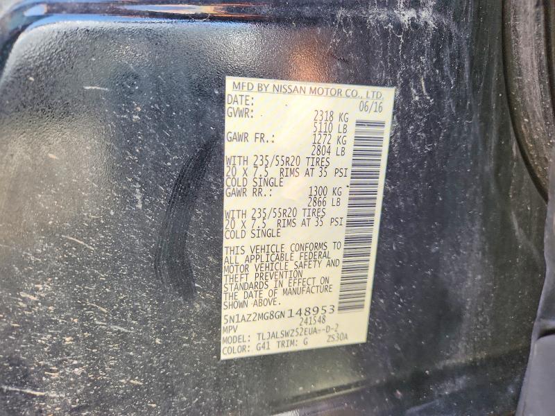 2016 Nissan Murano მანქანა იყიდება აუქციონზე, vin: 5N1AZ2MG8GN148953, აუქციონის ნომერი: 58458356