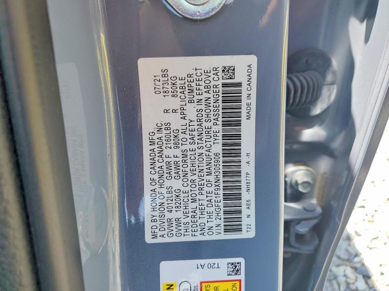 Продажа на аукционе авто 2022 Honda Civic, vin: 2HGFE1F9XNH305906, номер лота: 57013006