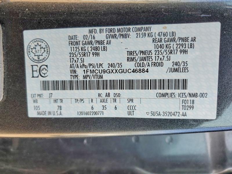 Aukcja sprzedaży 2016 Ford Escape, vin: 1FMCU9GXXGUC46884, numer aukcji: 55565436