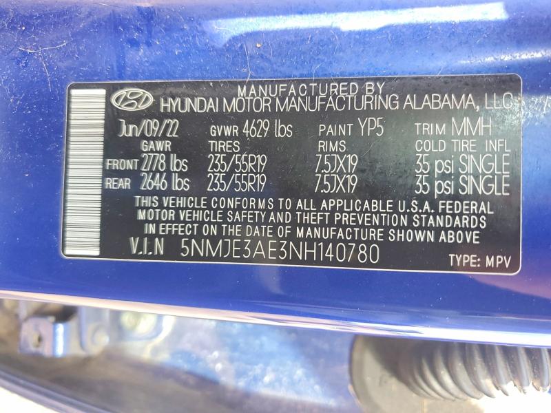 2022 Hyundai Tucson მანქანა იყიდება აუქციონზე, vin: 5NMJE3AE3NH140780, აუქციონის ნომერი: 59219136