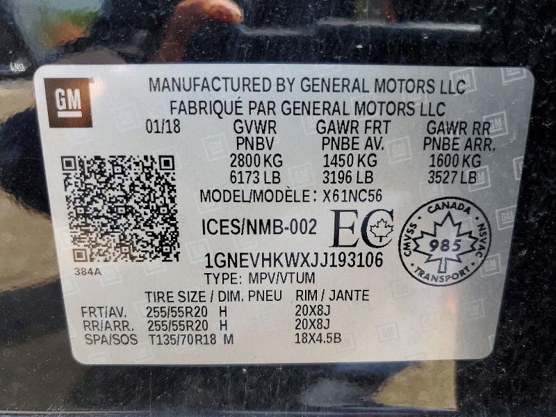 Продаж на аукціоні авто 2018 Chevrolet Traverse, vin: 1GNEVHKWXJJ193106, номер лоту: 57584516