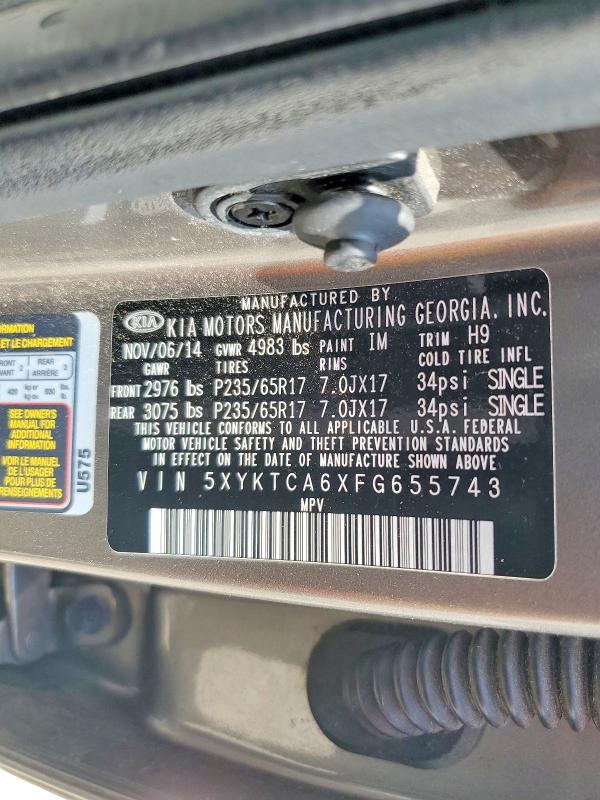 41631816 :رقم المزاد ، 5XYKTCA6XFG655743 vin ، 2015 Kia Sorento مزاد بيع
