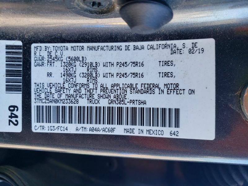 2019 Toyota Tacoma მანქანა იყიდება აუქციონზე, vin: 3TMCZ5AN0KM233628, აუქციონის ნომერი: 56945546