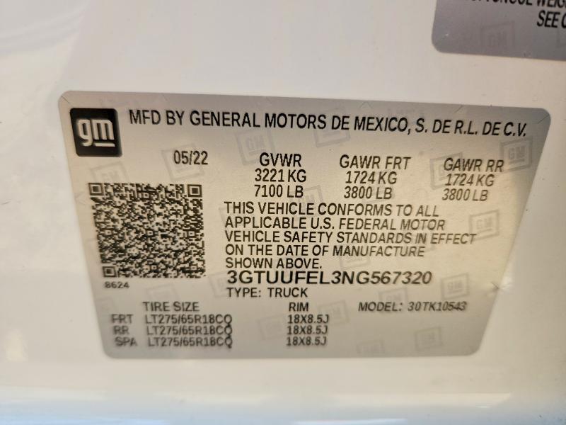 2022 Gmc Sierra მანქანა იყიდება აუქციონზე, vin: 3GTUUFEL3NG567320, აუქციონის ნომერი: 57588626