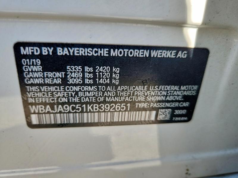 Aukcja sprzedaży 2019 Bmw 530e, vin: WBAJA9C51KB392651, numer aukcji: 55801666