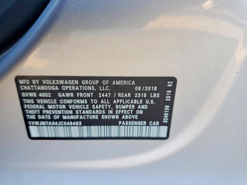 Aukcja sprzedaży 2018 Volkswagen Passat, vin: 1VWJM7A34JC049483, numer aukcji: 58199326