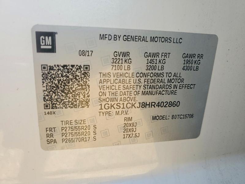 58378396 :رقم المزاد ، 1GKS1CKJ8HR402860 vin ، 2017 Gmc Yukon مزاد بيع