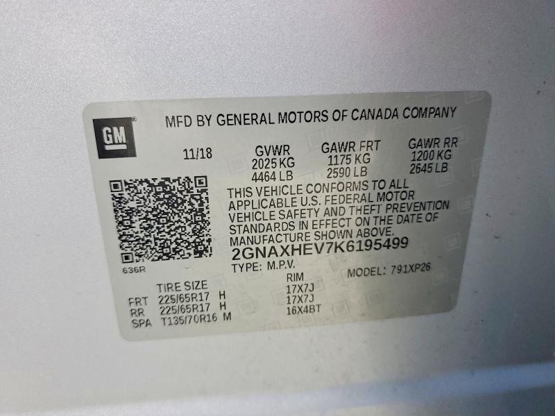 2019 Chevrolet Equinox მანქანა იყიდება აუქციონზე, vin: 2GNAXHEV7K6195499, აუქციონის ნომერი: 59086086