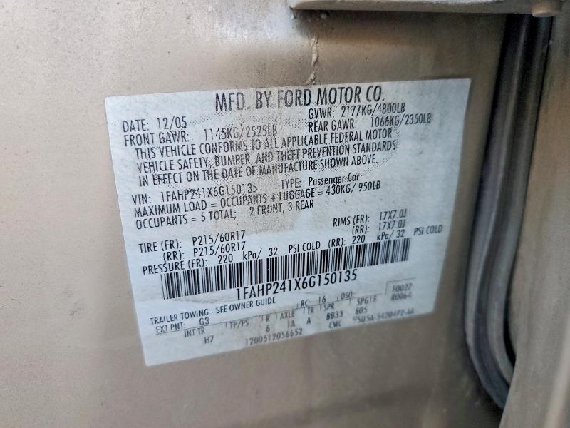 2006 Ford Five Hundred მანქანა იყიდება აუქციონზე, vin: 1FAHP241X6G150135, აუქციონის ნომერი: 55404176