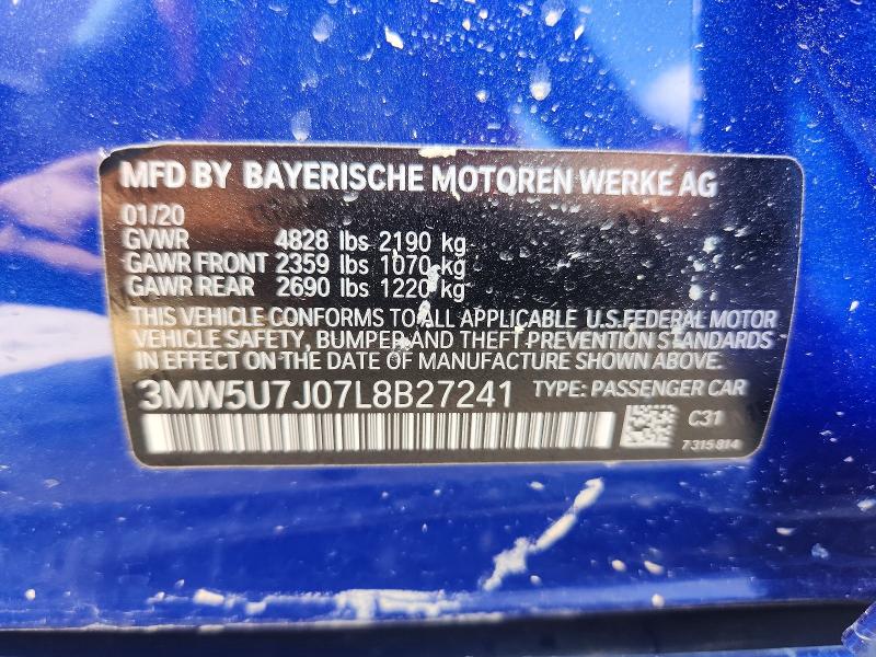58455796 :رقم المزاد ، 3MW5U7J07L8B27241 vin ، 2020 Bmw 3 Series مزاد بيع