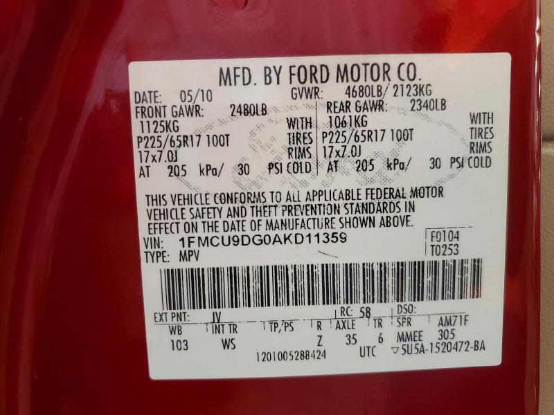 Продаж на аукціоні авто 2010 Ford Escape, vin: 1FMCU9DG0AKD11359, номер лоту: 58747596