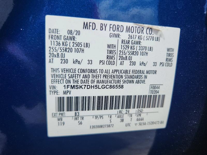 56855876 :رقم المزاد ، 1FMSK7DH5LGC86558 vin ، 2020 Ford Explorer مزاد بيع