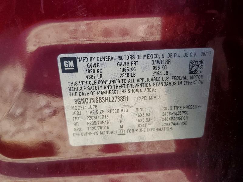 2017 Chevrolet Trax მანქანა იყიდება აუქციონზე, vin: 3GNCJNSB3HL273851, აუქციონის ნომერი: 55593586