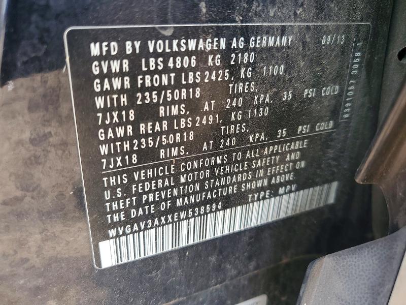58973506 :رقم المزاد ، WVGAV3AXXEW538594 vin ، 2014 Volkswagen Tiguan مزاد بيع