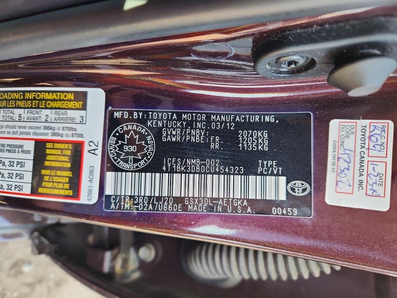Продажа на аукционе авто 2012 Toyota Avalon, vin: 4T1BK3DB0CU454323, номер лота: 55781096