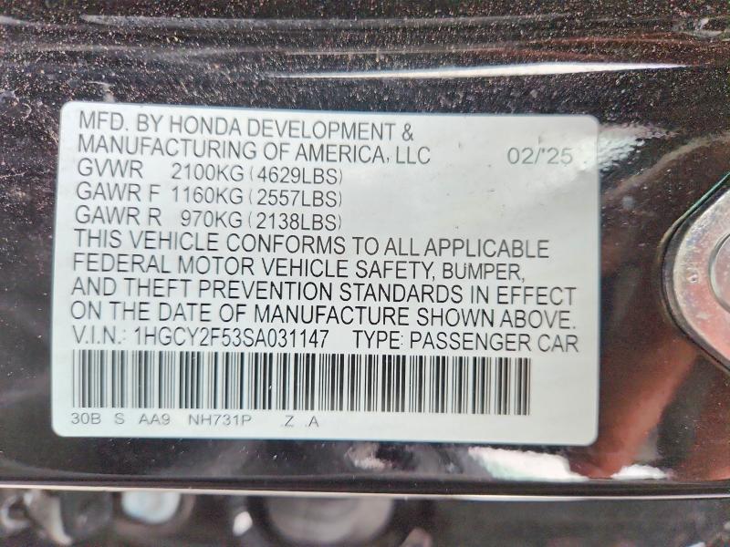 58737726 :رقم المزاد ، 1HGCY2F53SA031147 vin ، 2025 Honda Accord مزاد بيع
