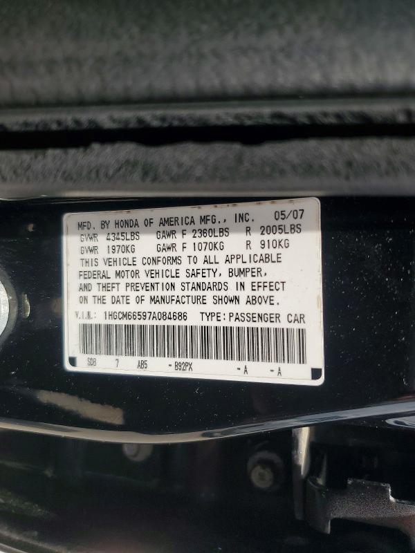 Продаж на аукціоні авто 2007 Honda Accord, vin: 1HGCM66597A084686, номер лоту: 58965206