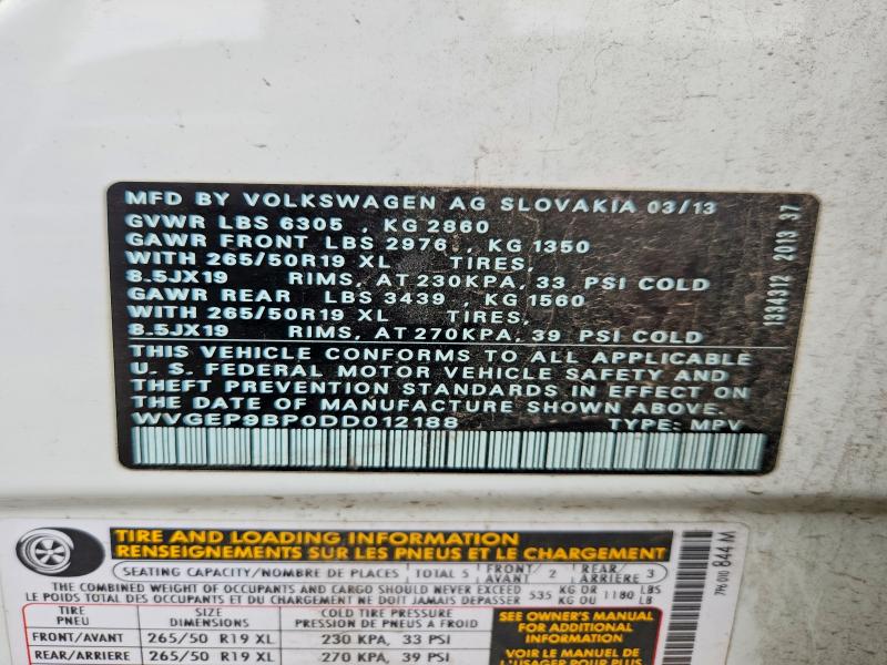Продаж на аукціоні авто 2013 Volkswagen Touareg, vin: WVGEP9BP0DD012188, номер лоту: 58405746