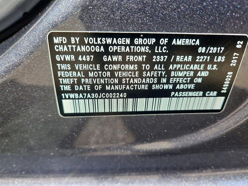 Продажа на аукционе авто 2018 Volkswagen Passat, vin: 1VWBA7A30JC002240, номер лота: 58882706