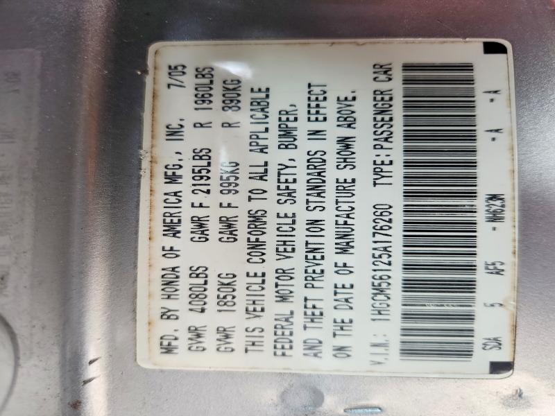Aukcja sprzedaży 2005 Honda Accord, vin: 1HGCM56125A176260, numer aukcji: 57814496