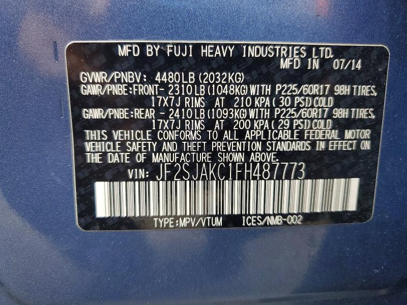2015 Subaru Forester მანქანა იყიდება აუქციონზე, vin: JF2SJAKC1FH487773, აუქციონის ნომერი: 85637425