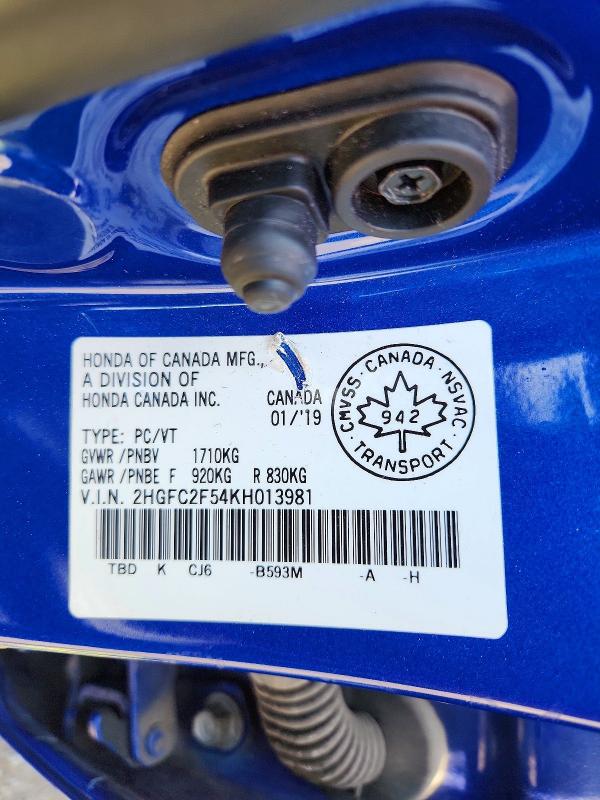 Продажа на аукционе авто 2019 Honda Civic, vin: 2HGFC2F54KH013981, номер лота: 57835526