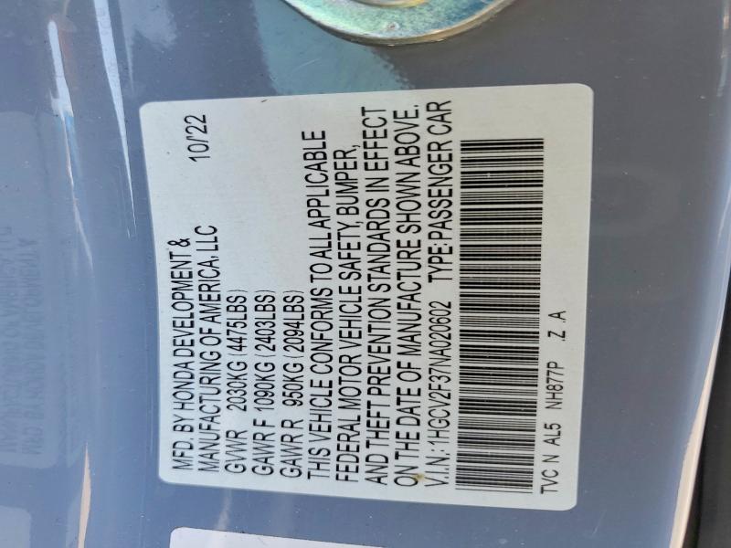 Aukcja sprzedaży 2022 Honda Accord, vin: 1HGCV2F37NA020602, numer aukcji: 54665756
